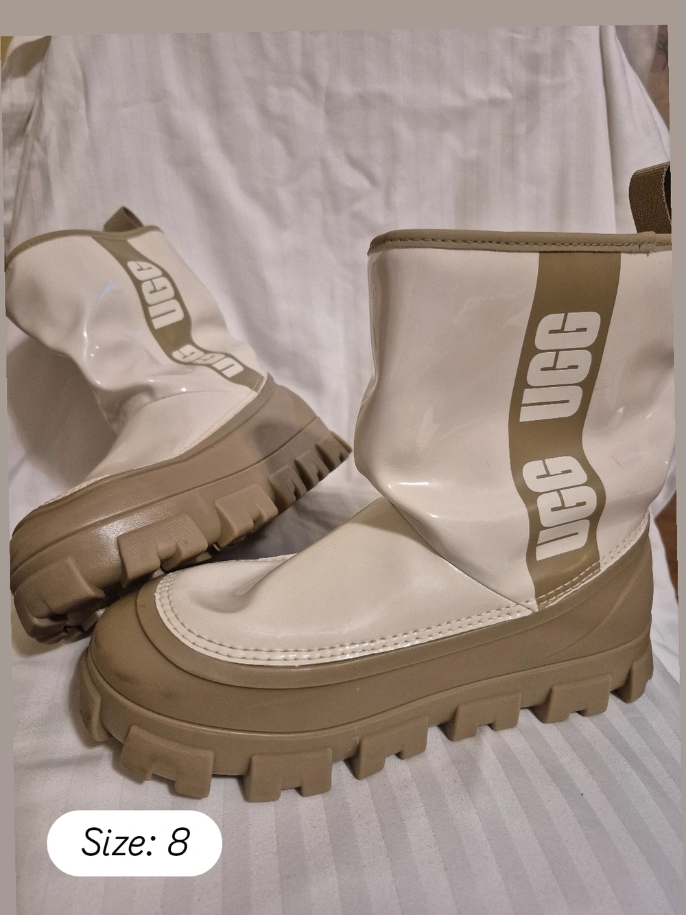 UGG Beige and Cream Lug Sole Rain Boots